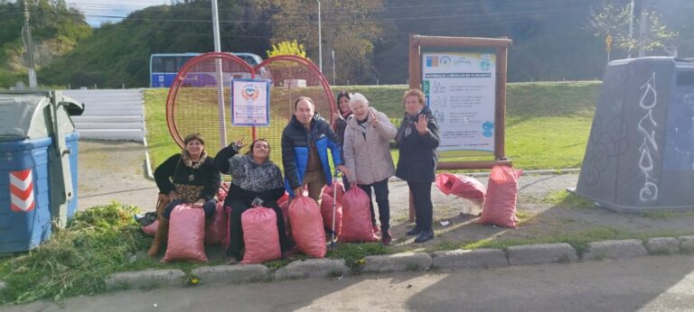 Voluntarios junto al corazón de acopio de tapitas plásticas del Ecositio, sector Libertad-Gaete.