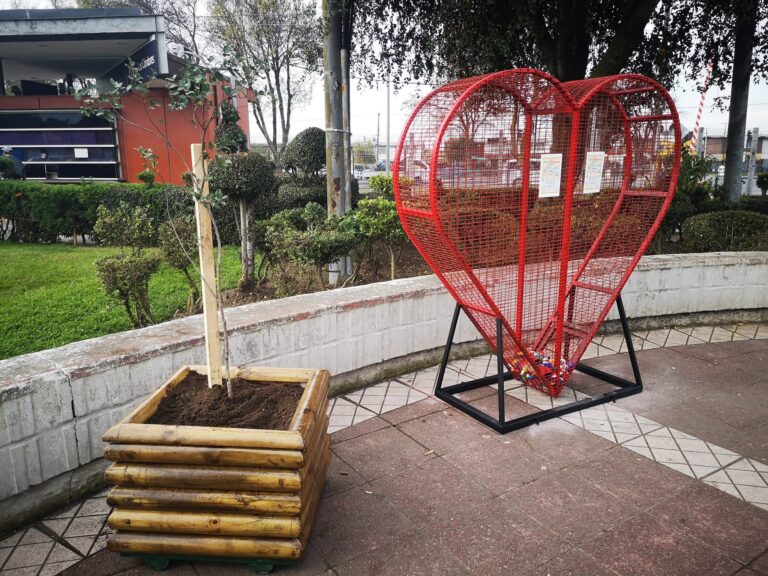 Corazón de acopio de tapitas plásticas en el sector Los Cóndores, con letrero "Los Cóndores" visible.